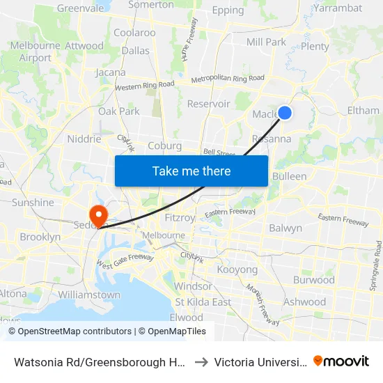 Watsonia Rd/Greensborough Hwy to Victoria University map