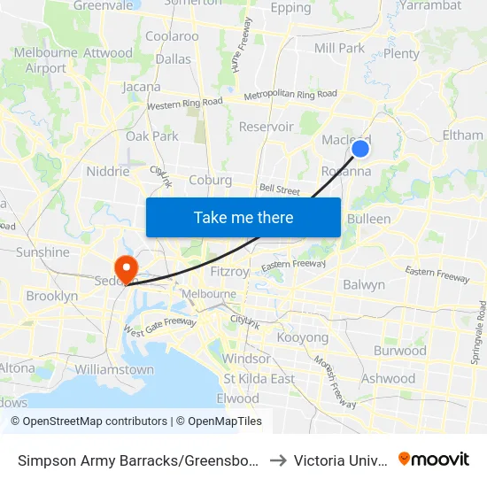 Simpson Army Barracks/Greensborough Hwy to Victoria University map