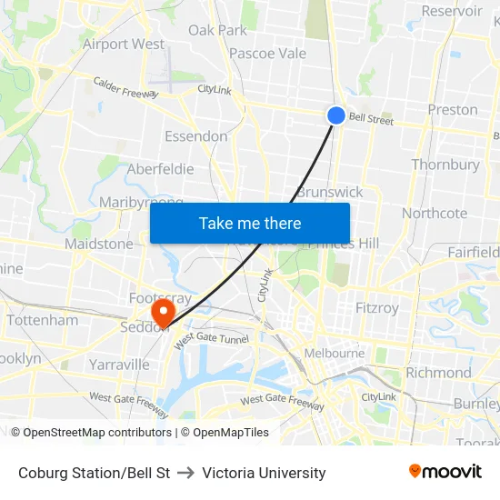 Coburg Station/Bell St to Victoria University map