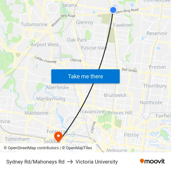 Sydney Rd/Mahoneys Rd to Victoria University map
