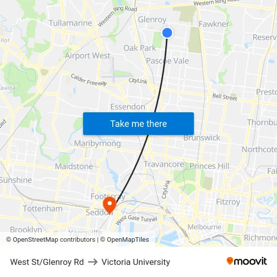 West St/Glenroy Rd to Victoria University map