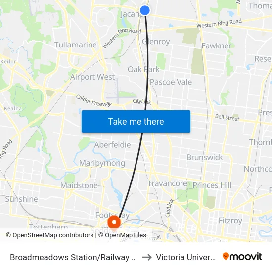 Broadmeadows Station/Railway Cres to Victoria University map