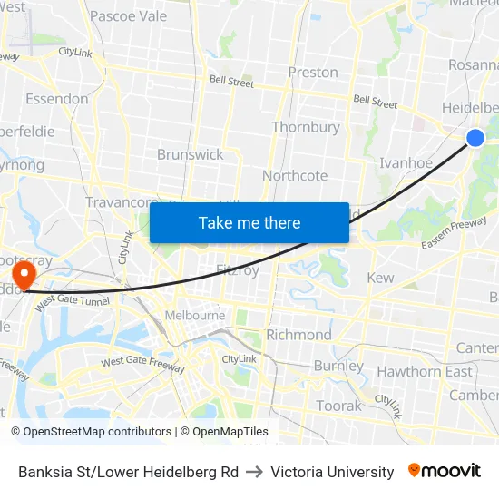 Banksia St/Lower Heidelberg Rd to Victoria University map