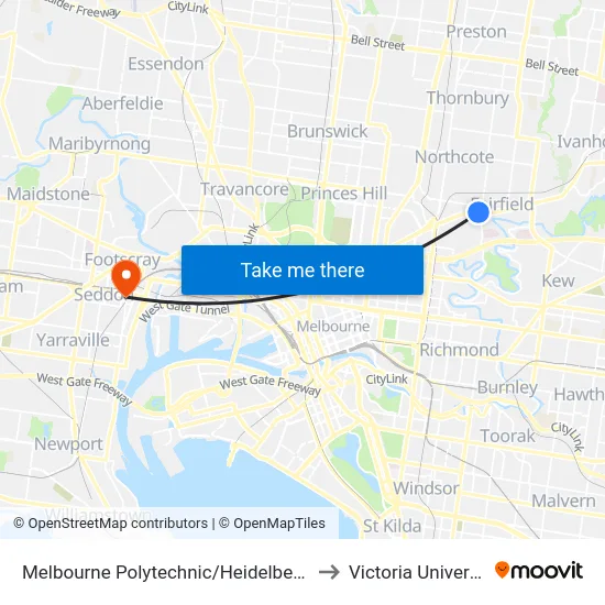 Melbourne Polytechnic/Heidelberg Rd to Victoria University map