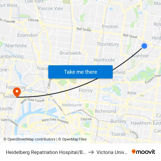Heidelberg Repatriation Hospital/Banksia St to Victoria University map