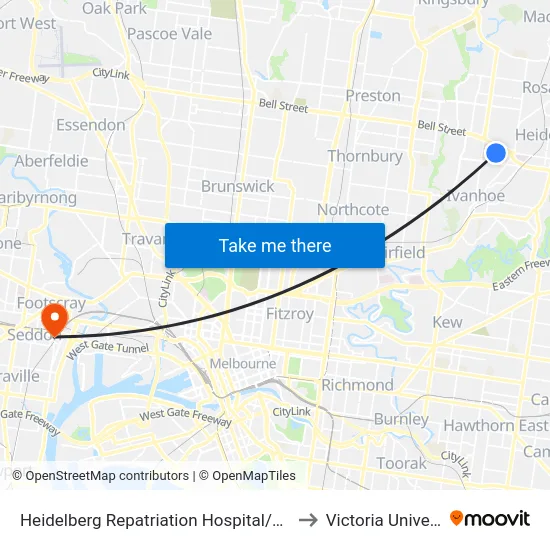 Heidelberg Repatriation Hospital/Edwin St to Victoria University map