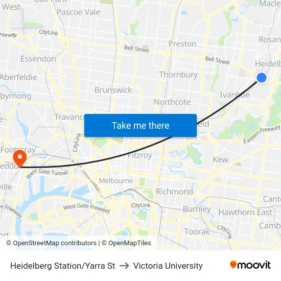 Heidelberg Station/Yarra St to Victoria University map