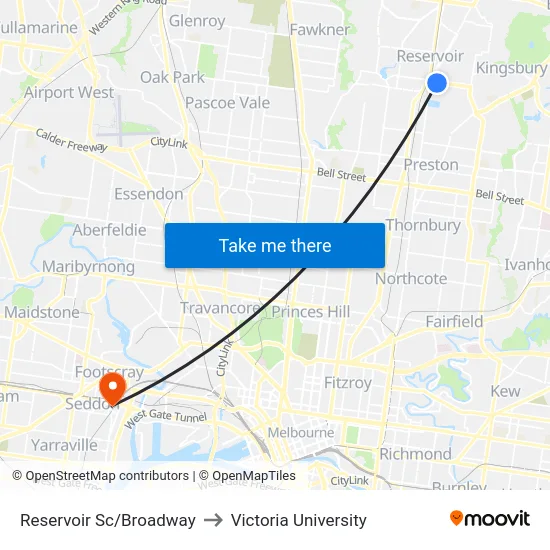 Reservoir Sc/Broadway to Victoria University map