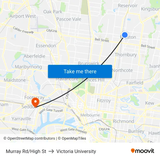 Murray Rd/High St to Victoria University map