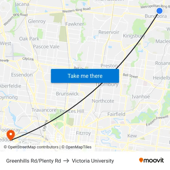 Greenhills Rd/Plenty Rd to Victoria University map