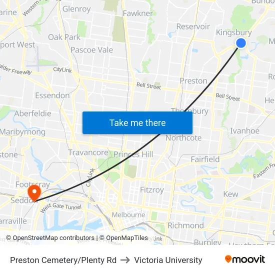 Preston Cemetery/Plenty Rd to Victoria University map