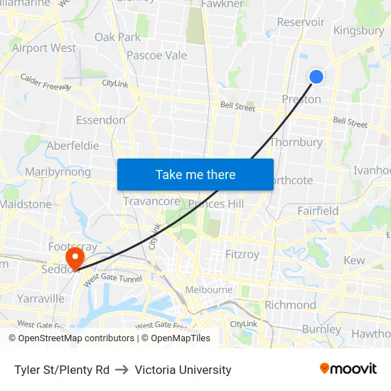 Tyler St/Plenty Rd to Victoria University map