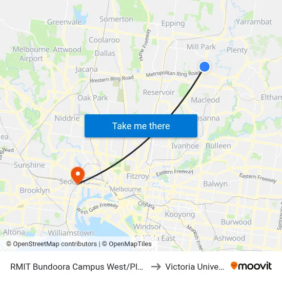 RMIT Bundoora Campus West/Plenty Rd to Victoria University map