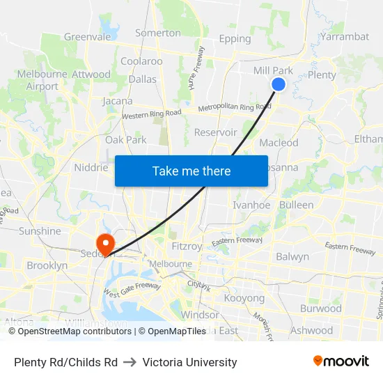 Plenty Rd/Childs Rd to Victoria University map