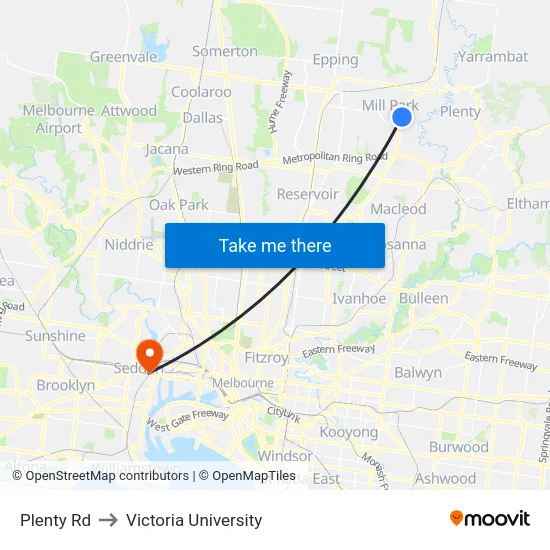 Plenty Rd to Victoria University map