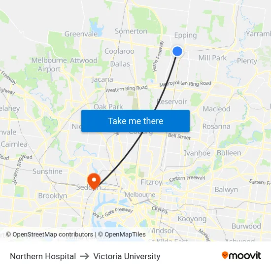 Northern Hospital to Victoria University map