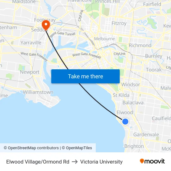 Elwood Village/Ormond Rd to Victoria University map