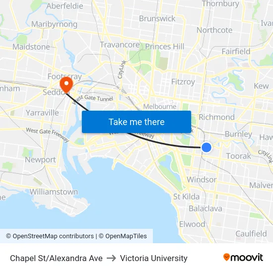Chapel St/Alexandra Ave to Victoria University map