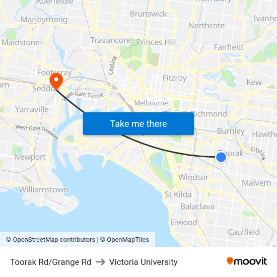 Toorak Rd/Grange Rd to Victoria University map