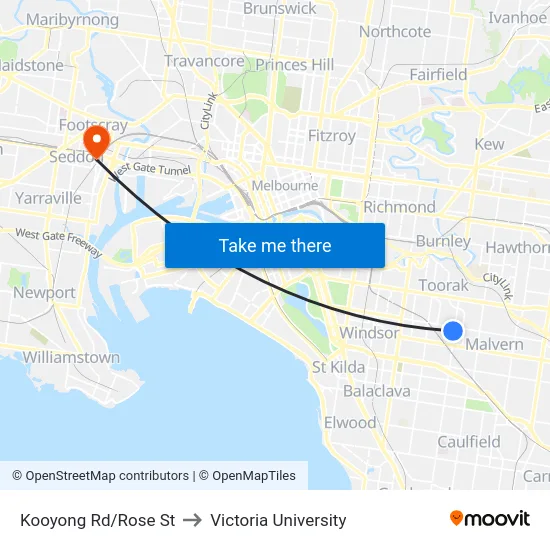 Kooyong Rd/Rose St to Victoria University map