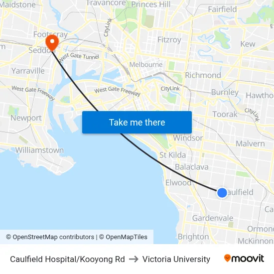Caulfield Hospital/Kooyong Rd to Victoria University map