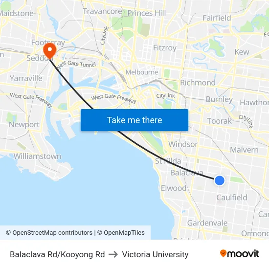 Balaclava Rd/Kooyong Rd to Victoria University map