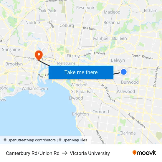 Canterbury Rd/Union Rd to Victoria University map