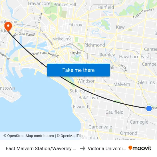 East Malvern Station/Waverley Rd to Victoria University map