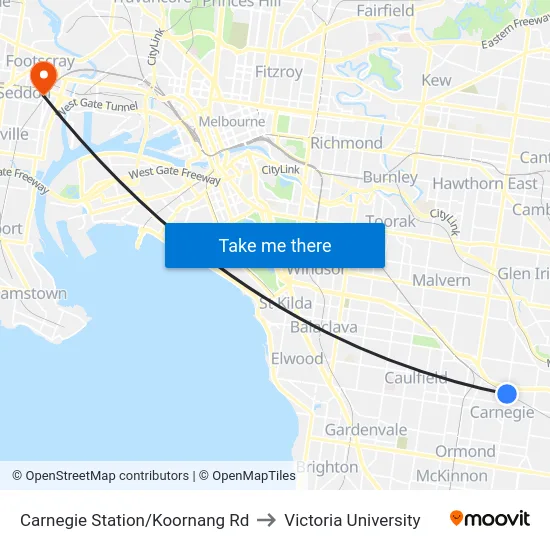 Carnegie Station/Koornang Rd to Victoria University map