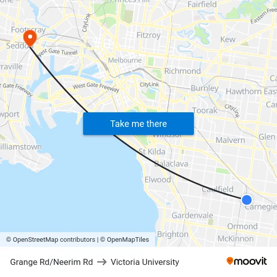 Grange Rd/Neerim Rd to Victoria University map
