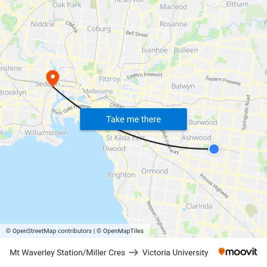 Mt Waverley Station/Miller Cres to Victoria University map
