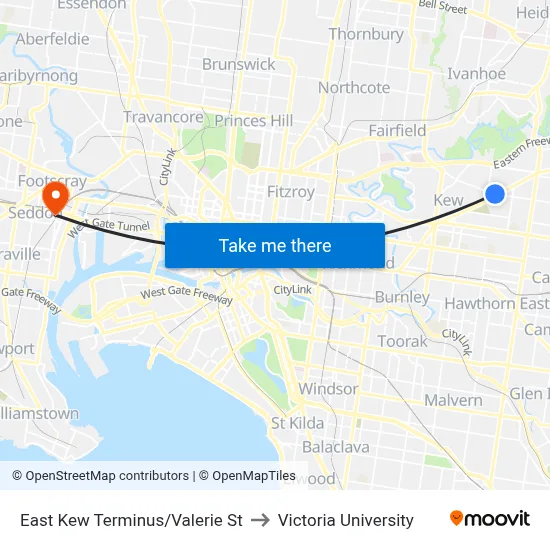 East Kew Terminus/Valerie St to Victoria University map