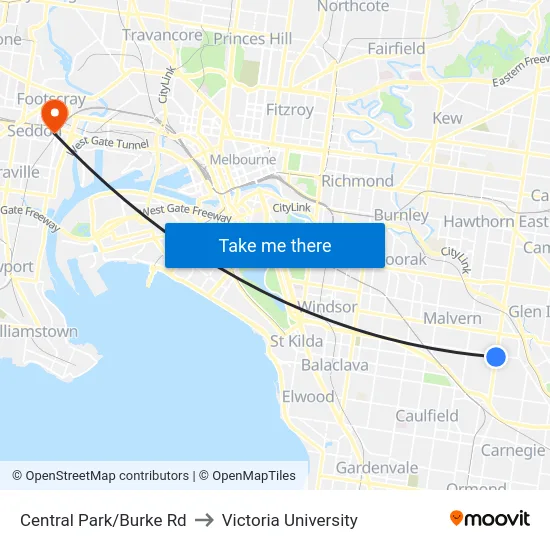 Central Park/Burke Rd to Victoria University map