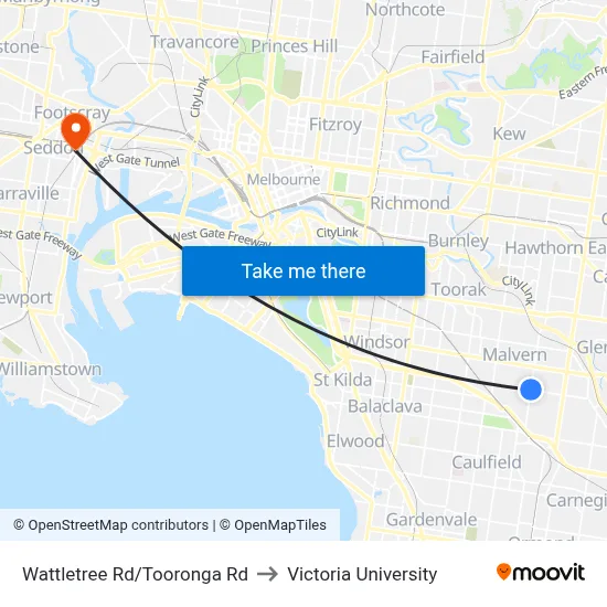 Wattletree Rd/Tooronga Rd to Victoria University map