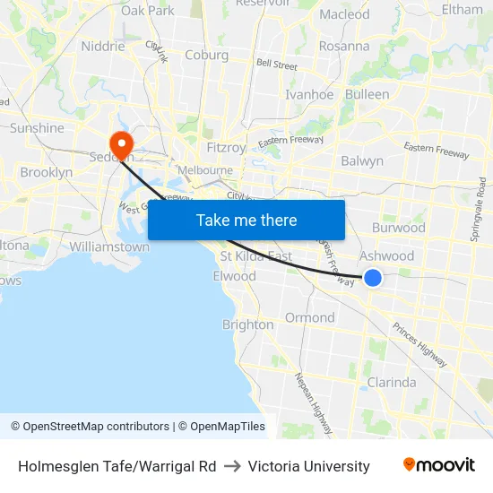 Holmesglen Tafe/Warrigal Rd to Victoria University map