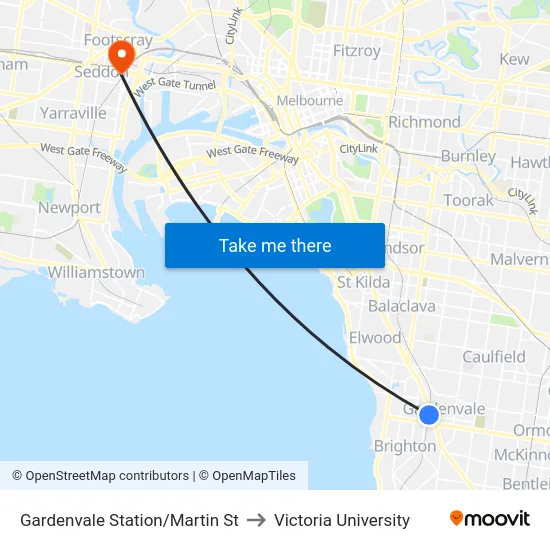 Gardenvale Station/Martin St to Victoria University map