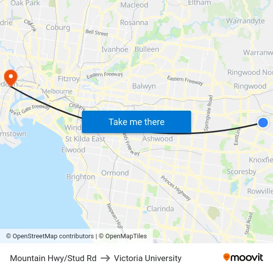 Mountain Hwy/Stud Rd to Victoria University map
