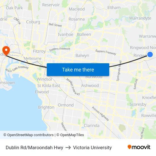 Dublin Rd/Maroondah Hwy to Victoria University map