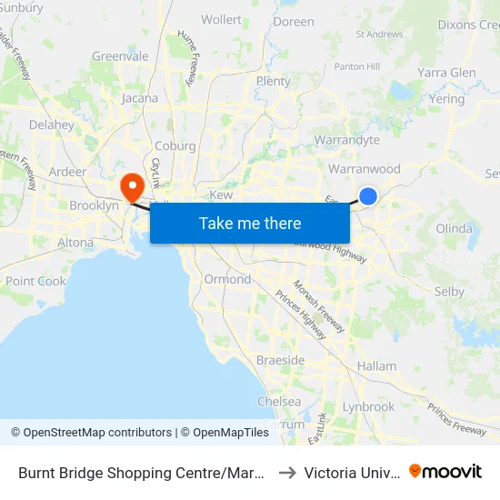 Burnt Bridge Shopping Centre/Maroondah Hwy to Victoria University map