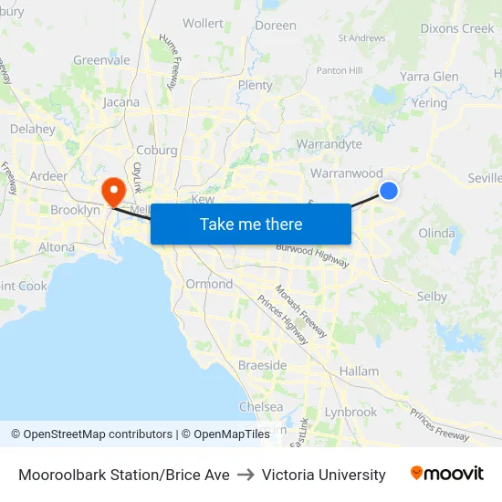 Mooroolbark Station/Brice Ave to Victoria University map