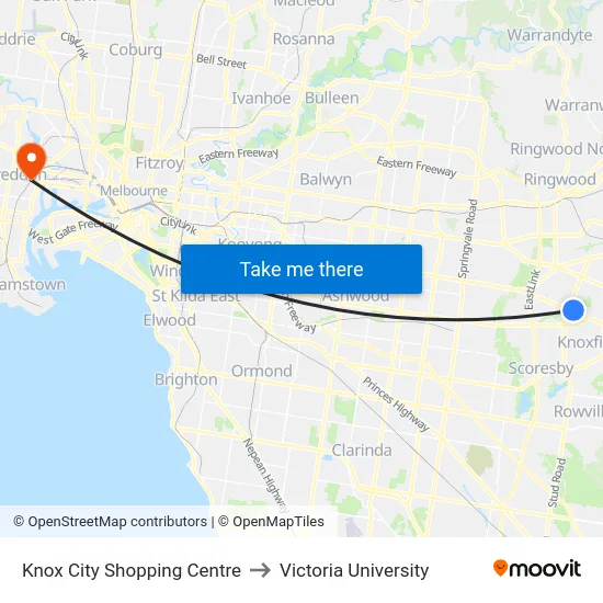 Knox City Shopping Centre to Victoria University map