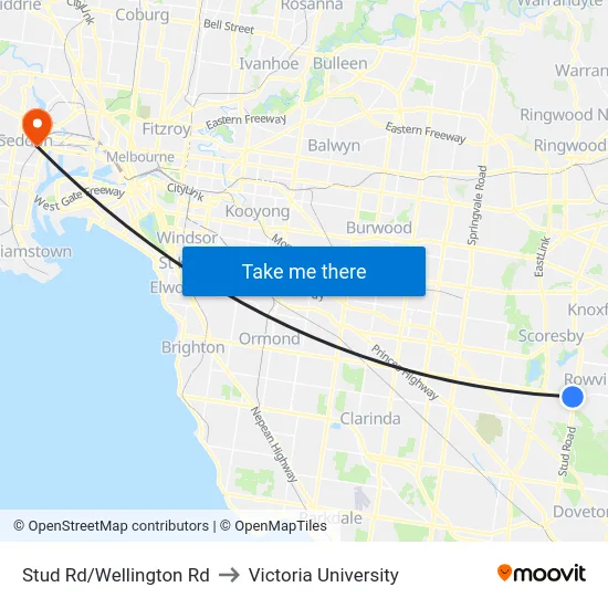 Stud Rd/Wellington Rd to Victoria University map