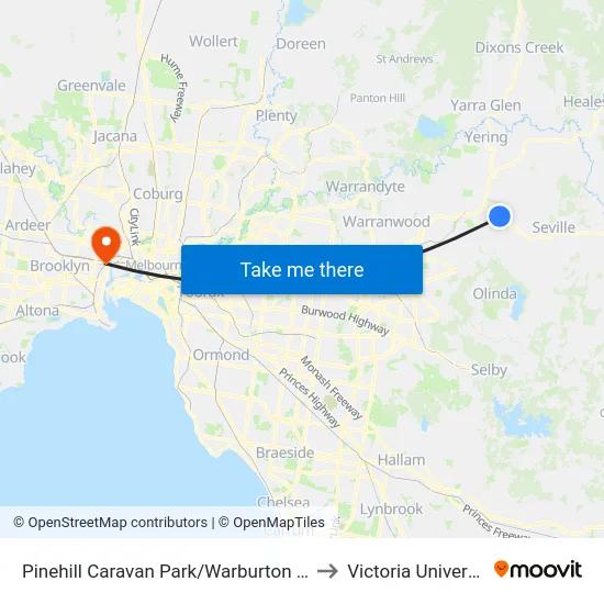 Pinehill Caravan Park/Warburton Hwy to Victoria University map