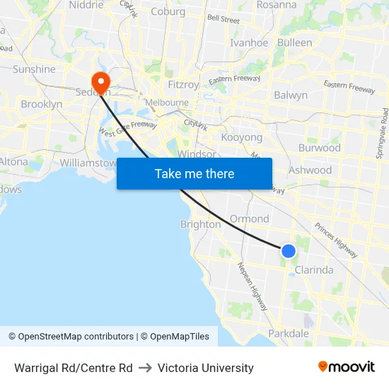 Warrigal Rd/Centre Rd to Victoria University map
