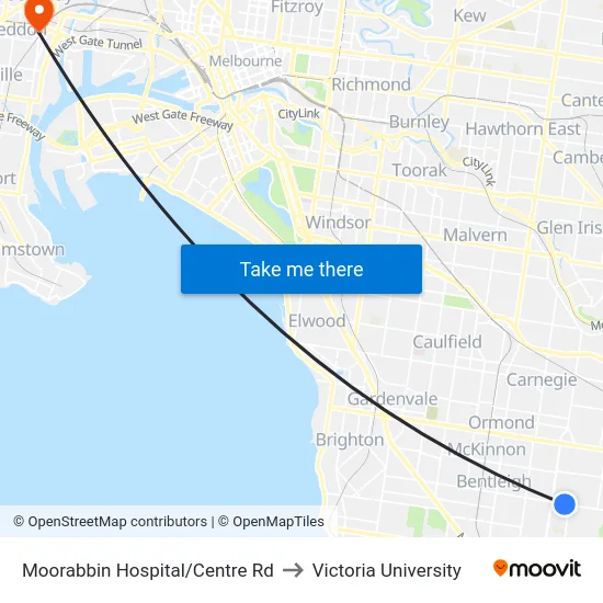 Moorabbin Hospital/Centre Rd to Victoria University map