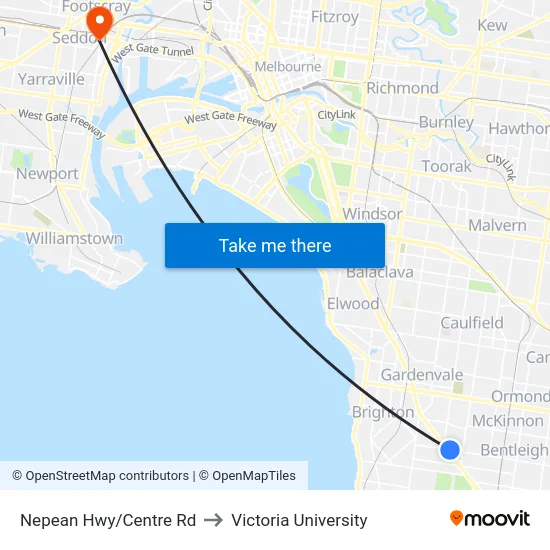 Nepean Hwy/Centre Rd to Victoria University map