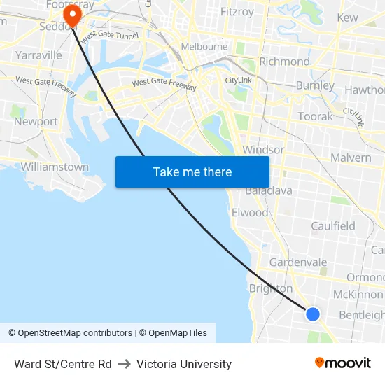 Ward St/Centre Rd to Victoria University map
