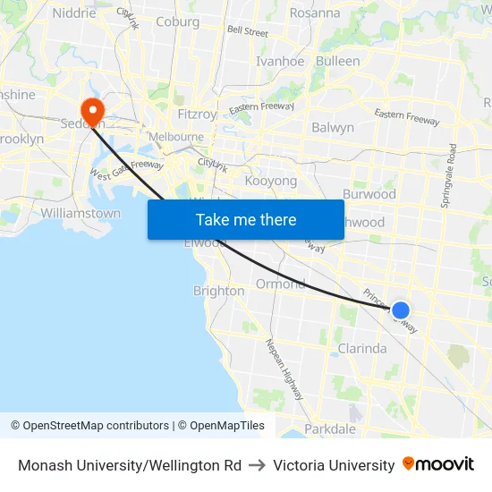 Monash University/Wellington Rd to Victoria University map