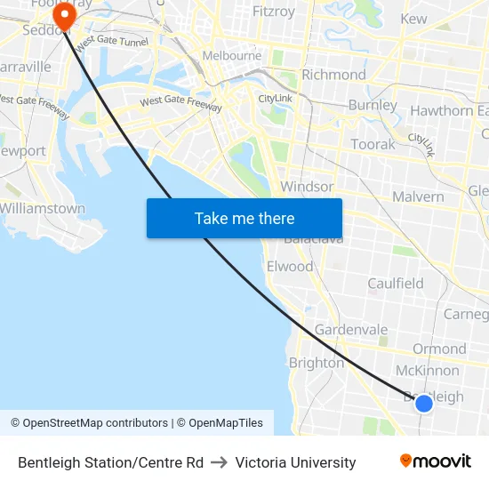 Bentleigh Station/Centre Rd to Victoria University map