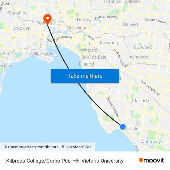 Kilbreda College/Como Pde to Victoria University map